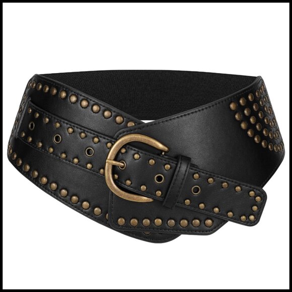 Vintage Wide Elastic Belt Studded Rivets Metal Buckle Retro Stretchy Waist main image 6